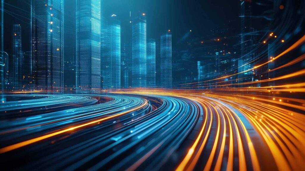 futuristic digital city skyline with glowing data highways and motion lights - Large