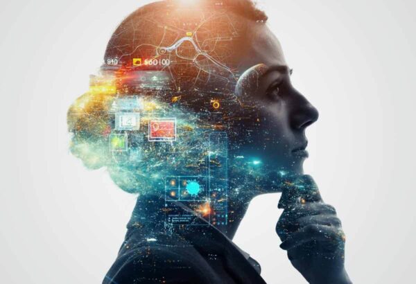 Woman thinking about digital technology