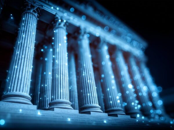 Digital blue light illuminating classical columns