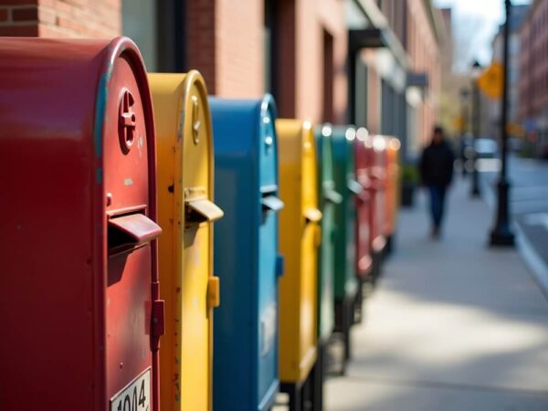 colorful mailboxes city sidewalk