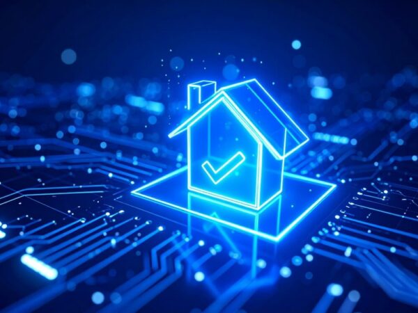 digital house icon checkmark circuit board STR compliance technology