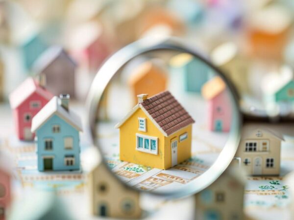 magnifying glass examining miniature houses