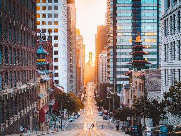 San Francisco downtown street cable car tracks sunset