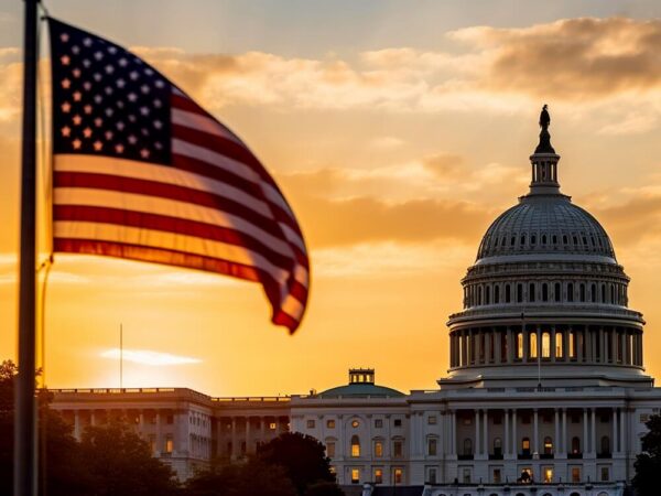 US Capitol building American flag golden sunset