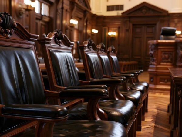 empty jury box in a courtroom