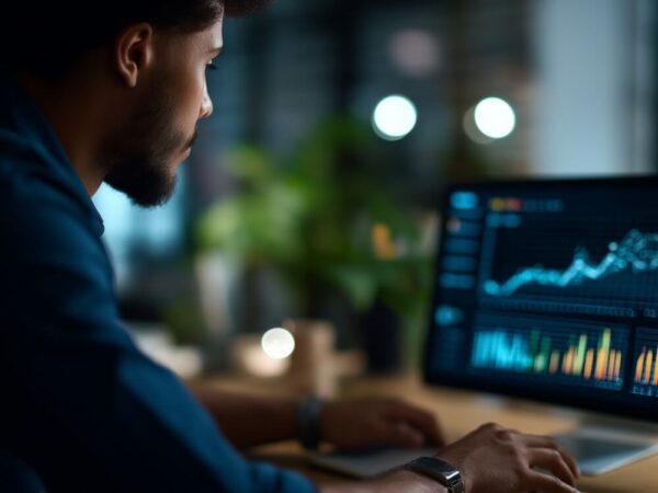 government analyst reviewing revenue data dashboard laptop