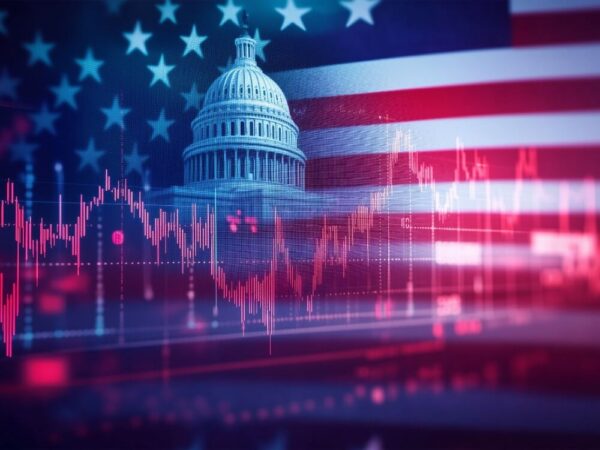 US capitol building American flag digital revenue chart overlay
